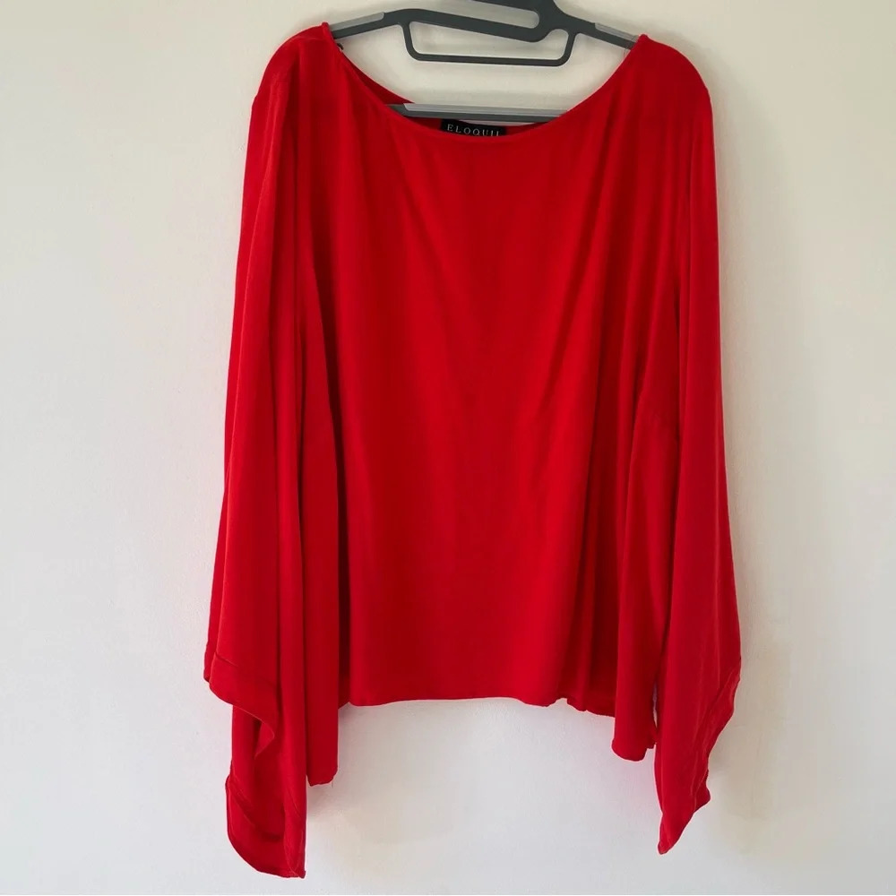 Eloquii 100% viscose romantic flare long sleeve crew neck blouse top red SZ 28